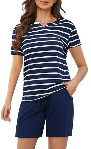 ZOEREA Pyjama Femme Été 2 Pièces - Ensemble Short à Manches Courtes Col V - Tenue de Nuit à Carreaux - Vêtement d'Intérieur Bleu Marine, XL