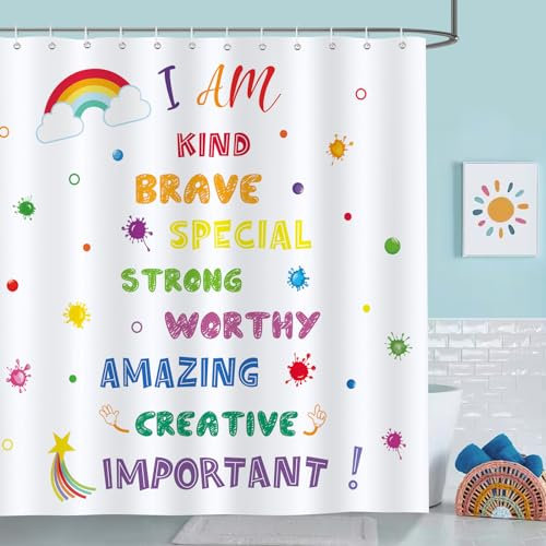 Bonhause Duschvorhang Bunte Inspirierende Zitate Kinder Regenbogen Duschvorhänge 180 x 180 cm Anti-Schimmel Wasserdicht Polyester Stoff Waschbar Bad Vorhäng für Badzimmer mit 12 Haken