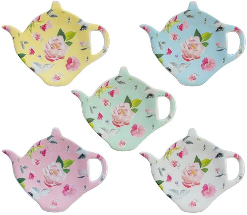 PRECITIME Porcelain Tea Bag Coasters, Used Tea Bag Holder with Floral Pattern, Set of 5 Tea Bag Plates, Teaspoon Rest, Tea Bag Dish, Tea Party Gifts