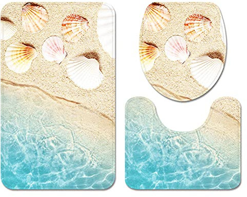 Bad Teppiche Set 3-Teiliges Blaubeige Muscheln WC Vorleger Mit Ausschnitt Badematte Saugfähig WC Deckelbezug Badvorleger rutschfest Waschbar Toilettensitzbezug Badgarnitur (45x75cm)