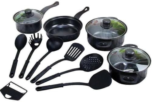 Herzberg HG04241, Batería de Cocina Antiadherente de 13 Piezas, Negro, Acero al Carbono Duradero, Tapas de Vidrio Templado, Compatible con Todas las Fuentes de Calor, Lavable en Lavavajillas