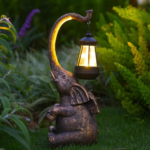 Tuzsocr Kupfer Elefanten Deko mit Solar Laterne Gartenfiguren, Elefantenstatue LED Lichter für Außen, Geschenke für Frauen, Geburtstagsgeschenke für Frauen, Elefanten Dekoration für Terrasse,Hof, 38cm