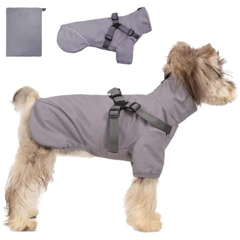 Doggo Regenmantel für kleine, mittelgroße Hunde - wasserdichte Hundejacke mit Eingebautem Geschirr, reflektierender Zupf, Grau, XS