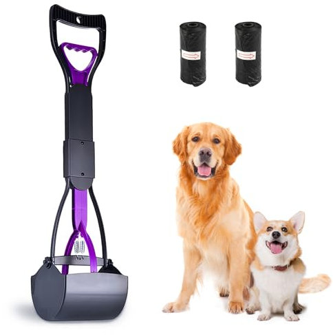 Recogedor de excrementos de perro con mango largo, 23.6 pulgadas/60 cm, portátil, plegable, con bolsa de residuos para exteriores, pala de suciedad de perro para gatos, perros, residuos de animales,