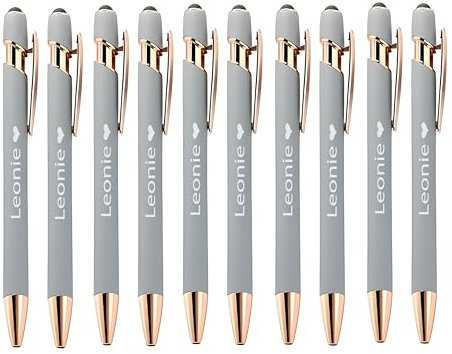 FORYOU24 - Kugelschreiber mit Gravur, Rosegold | 10er Pack Farbe - Nebeltraum Grau - Personalisierte Stifte Hochwertig Kullis mit Wunschtext & Logo, Auswechselbare Mine | 1MM Strichstärke