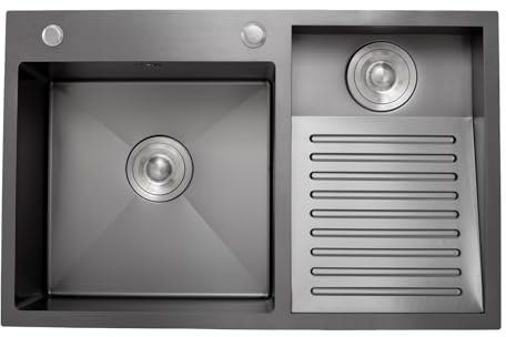 Fregadero multiusos de acero inoxidable con tabla de lavar integrada – 70 cm – Fregadero doble hecho a mano para lavandería, garaje y taller – Superficie texturizada negra