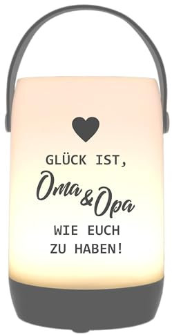 WB wohn trends LED-Laterne Touch-Funktion & Akku, Glück ist Oma & Opa wie euch zu haben, grau 19x11,5cm, mit Bügel 25cm, LED-Licht LED-Leuchte LED-Lampe
