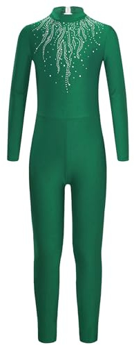 Miutii Mädchen Turnanzug Langarm Gymnastikanzug Glitzer Ballettanzug mit Strass Kinder Ganzkörper Trikot Eiskunstlauf Body Sport Overall Jumpsuit Grün 146-152