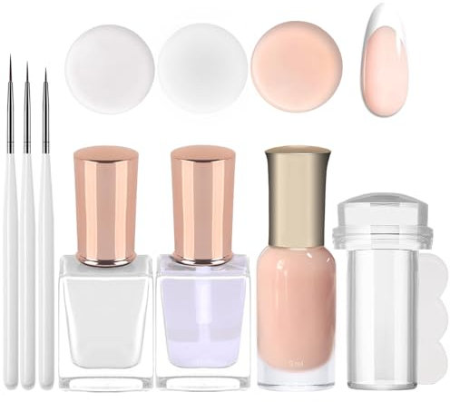 French Manicure Nail Polish Kit, 2Pcs Quick Dry French Nail Varnish with Nail Stamper and Top Coat Nail Polish, French Tip Manicure Set, No Need Cure Nail Polish Set for French Tip