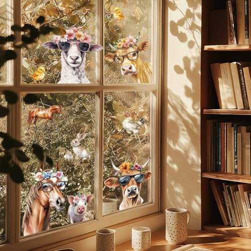 ANATTASOUL Fensterbilder Doppelseitig Kuh und Pferd Fensterdeko Wiederverwendbar Fenstersticker Selbstklebend Fenster Aufkleber Deko Frühling Sommer für Glas Kinderzimmer Badezimmer