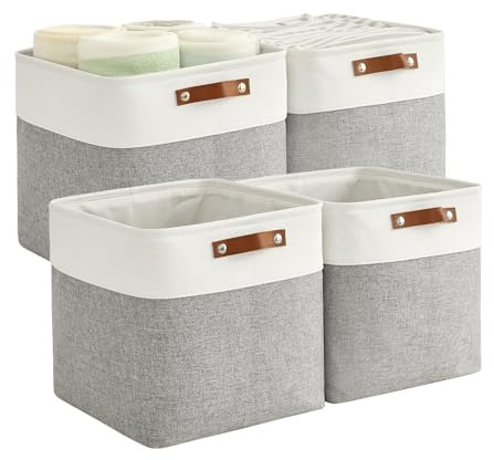 Bagnizer 4PCS Foldable Storage Baskets for Shelves Closet Fabric Cube 33CM Organizer Box Bins with Handles Waterproof Canvas Box for Clothes, Pet Toys, Office Products, Bedroom Grey & White
