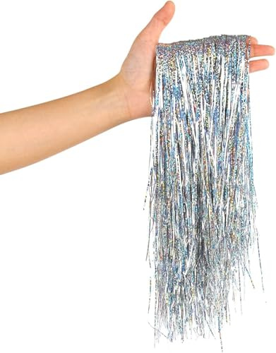 SULOLI 2000uds Oropel，Cinta de Decoración Navideña 1.5 mm x 50 cm - Plata, Flecos Cortina de Oropel，Paquete Grande para Árbol de Navidad, Regalos y Decoración Festiva