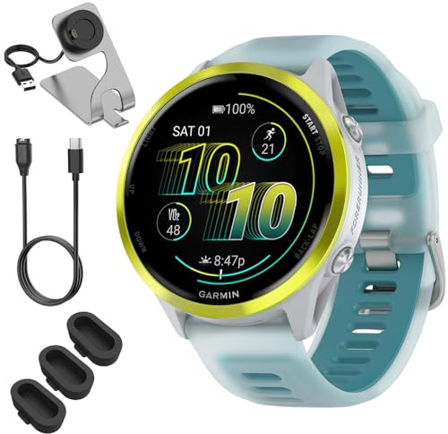 Garmin 010-02971-01 Forerunner 570-47mm GPS Smartwatch, Aluminum and Whitestone/Turquoise Band Bundle with Deco Essentials Charging Dock, 3X Silicone Dust Cover and USB Type C Charging & Sync Cable