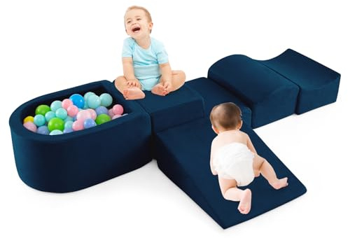 GOPLUS 5 PCS Parcours Motricité Bébé avec Piscine a Balle (Balle Non Inclus), Amovible, Module Motricité Bébé avec Housse Lavable, Toboggan pour Ramper Rembourré Éponge de Densité, Enfant 3 Ans+