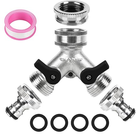 Grifo de válvula en Y de latón de 2 vías, divisor de manguera de jardín, colector de grifo de dos vías con 2 grifos individuales de latón de 3/4 pulgadas y conexión de 3/4 a 1/2 pulgadas para el hogar