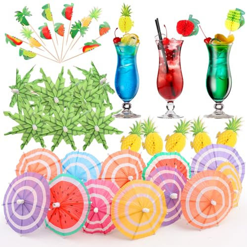 Notoke Cocktail Deko Barzubehör - 60 Stück Mini Schirmchen bunt (6 Fruchtmuster) - Personalisierte Cocktail Garnitur für Party, Hochzeit, Home Bar