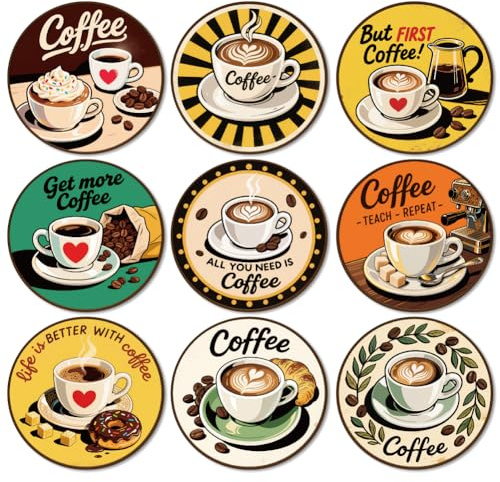ANATTASOUL Wood Coasters Set of 9 for Drinks Vintage Coffee and Latte Colorful Wooden Cup Mat for Coffee Table Decor, 3.9 Non-Slip Desk Coasters for Home, Apartment, Office, Bar Gifts