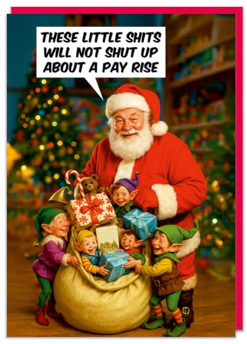 Dean Morris Cards Elves Pay Rise Funny Christmas Card - Funny Rude Christmas Card - Naughty Festive Elves - Christmas Humour - Father Christmas