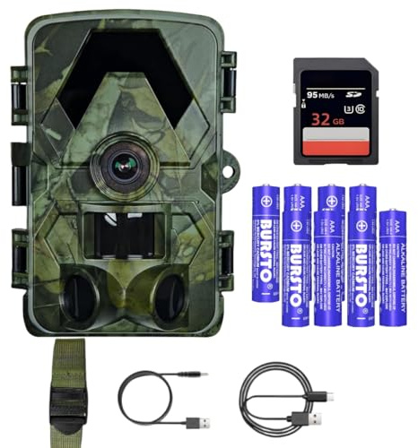Wildkamera 5K 60MP, 98FT Nachtsicht & 0,05s Auslösezeit, IP66 Wasserdicht, 130° Weitwinkel, Bewegungsmelder, 32GB SD-Karte + 8X AA-Batterien – Ideal für Garten, Jagd & Outdoor