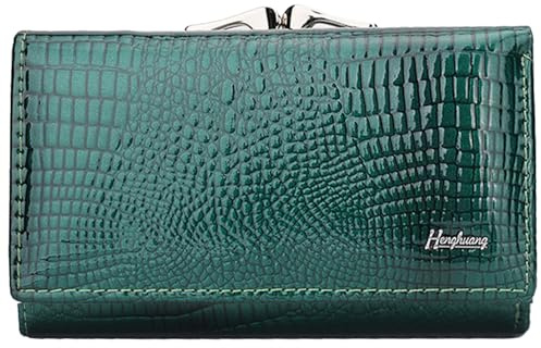 Karoukee Portefeuille Femme 3 Volets en Cuir Véritable - Porte-Monnaie Kiss-Lock avec Motif Crocodile, Porte-Cartes Anti-RFID - 8 Fentes pour Cartes | Fenêtre ID/Photo - Vert
