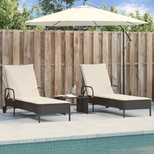 HaoChrymec Sonnenliegen mit Auflagen 2 STK., PE-Rattan, Höhenverstellbare Rückenlehne, Mit Rollen, Liegestuhl Garten, Strand Liege, Outdoor, Schwarz, 61 x 161 x 87 cm