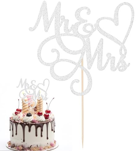 Mr and Mrs Cake Topper Bride and Groom Sign Personalised Topper Wedding Cake Toppers Silver Glitter Theme Party Supplies Letter Decorations for Wedding Engaged Anniversary