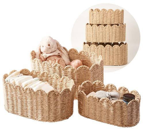 Gebogener Korb-Set, 3er-Set, Weiden-Aufbewahrungskörbe, handgewebtes Papierseil, Kindergarten-Organizer für Windel-Caddy, Baby-Spielzeug und Regale, naturfarben (40,6 x 25,4 x 17,8 cm)