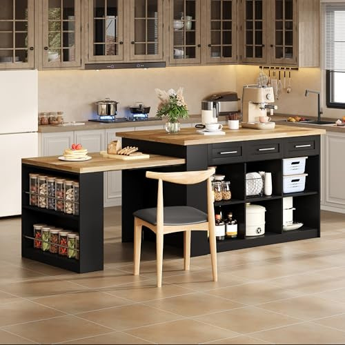 Bladez Multifunktionale Kücheninsel mit Ausziehbarem Esstisch, 150cm+96cm, MDF-Holz Holzarbeitsplatte Tisch, mit Schubladen und Staufächer, für Küche und Esszimmer (Schwarz + Natur)