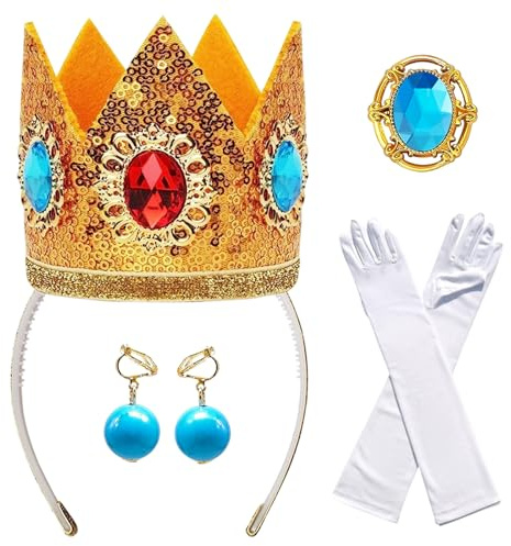 KBSICWO 4 Stück Prinzessin Peach Kostüm Zubehör, Krone/Ohrringe/Handschuhe/Brosche, Prinzessin Dress up Für Frauen Mädchen Karneval Halloween Cosplay