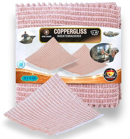 CopperGliss Insektenentferner Kupfertuch 2er Set Autoglas Windschutz | Entfernt Insektenreste, Chitin und Vogelkot ohne Chemie aus recyceltem Kupfer mit Mohshärte 3 für Glasoberflächen.