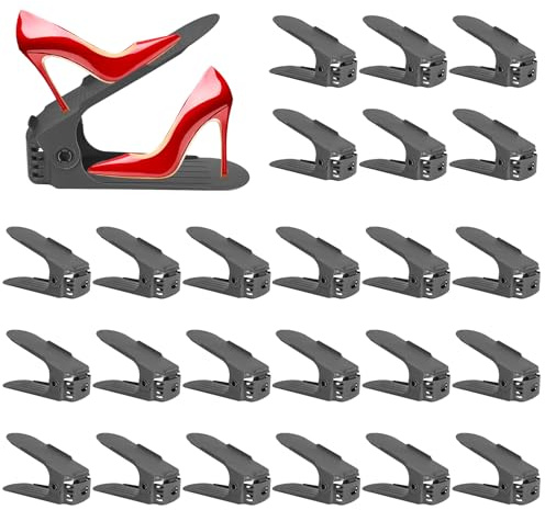 JOYBOY Einstellbare Schuhregale,24 Stück rutschfest Schuhstapler Doppelschicht Schuhhalter Platzsparend rutschfest Kunststoff Schuhorganizer mit 4 Höhenverstellbar Schuhschlitze (Dunkelgrau)