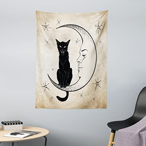 ABAKUHAUS Mond Wandteppich, Black Cat Siting auf Mond aus Weiches Mikrofaser Stoff Waschbar ohne Verblassen Digitaldruck, 110 x 150 cm, Braun Schwarz