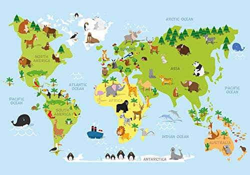 wandmotiv24 Photo murale Carte du monde des animaux S 200 x 140cm - 4 pièces photo, papier peint non tissé Océan, les enfants M1426