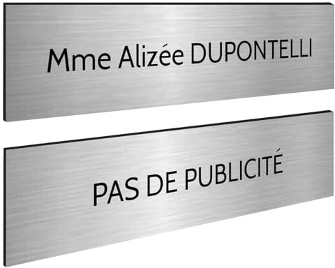DECOHO - Plaque Boite aux Lettres Personnalisable - Lot de 2 plaques adhésives Plastique bi-Couche Argent brossé - 100 x 25 mm - Gravure Laser, Stop pub - Argent