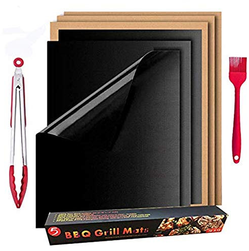 Atack-B BBQ Grillmatte, Wiederverwendbar Grillmatten, Backmatte Und BBQ Antihaft Grillmatte Für Fleisch, Fisch Und Gemüse Mit Silikonbürste Und Lebensmittelclip (Schwarz*3 Kupfer*3)