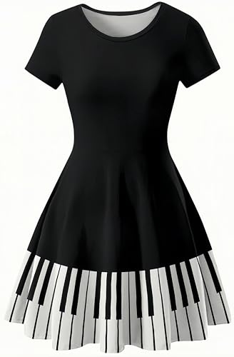 Ocean Plus Damen Casual Sternenhimmel Digitaldruck A-Linien Kurzarmkleid mit Rundhalsausschnitt Kurzärmliges Kleid Swingrock (M (EU 34-36), Klavier)