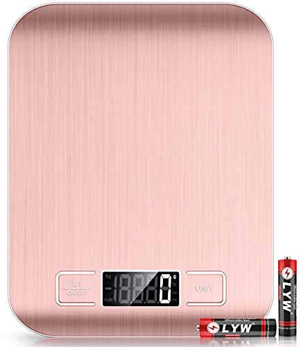 Mik-Nana Báscula de alimentos rosa, 10 kg/22 libras, báscula digital de cocina, peso gramos y onzas para hornear y cocinar, graduación precisa de 1 g, acero inoxidable fácil de limpiar