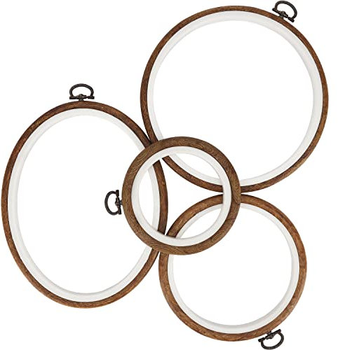 Curtzy 4Stk Kunststoff Stickrahmen Holz Imitat, Kreuzstich Stickrahmen Set – 10,5-17cm Stick Rahmen Plastik Ring zum Aufhängen - Holzimitat Ringe zum Basteln, Nähen, Sticken