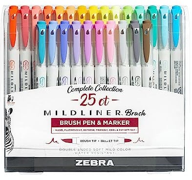 Zebra Pen Mildliner 79125 Pinselstift, Pinsel- und Spitzenspitzen, verschiedene Tintenfarben, 25er-Pack, mehrfarbig