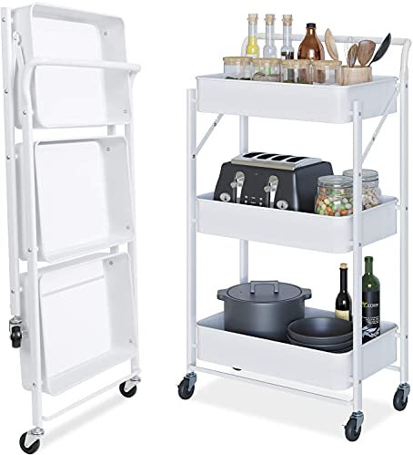 Dripex Carrito de Cocina Plegable con Ruedas, No Requiere Montaje, Soporta 20kg/Nivel, Carros Multiuso para Cocina Oficina Salón Dormitorio, 44x30x89,5cm, 3 Niveles