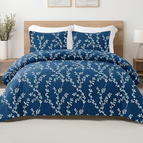 Exclusivo Mezcla Bettdecke Steppdecke in 200 x 200 cm mit Blumen-Muster, Leichte und Weiche Sommerdecke ohne Bezug mit 2 Kissenbezügen, Marineblau