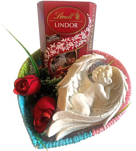 Regalo Festa della Mamma 2025 - Cesto Vimini + 200gr Cioccolatini Doppio Cioccolato + Statua In Resina Angelo (Angelo sdraiato tre ali 18x10.5cm)