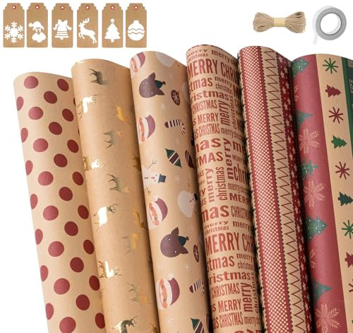 Anstore Geschenkpapier Weihnachten,12 Stück Recycelbares Weihnachtspapier Blatt 70x50CM,Geschenkverpackung Papier Geburtstag Geschenkpapier Set,Xmas Papier mit 12 Geschenkanhängern und 30m Juteschnur