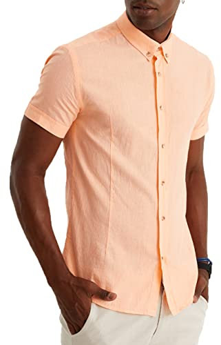 Leif Nelson Chemise d'été en lin pour homme - Manches courtes - Pour les loisirs et les affaires - Mélange de lin et de coton - Coupe droite, Rose saumon, XL