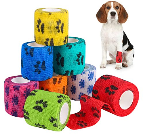 AKlamater 8 Rollen Pet Vet Wrap Selbstklebende Bandage Kohäsive Bandagen Vlies Haustier Elastische Bandagen Wrap Tape für Handgelenk, Knöchelverstauchungen & Schwellungen, 5 cm x 4,5 m