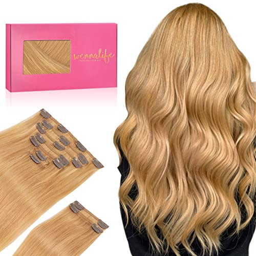 WENNALIFE Extensiones de Clip de Pelo Natural, Rubio fresa 150g 60cm 9 Piezas Extensiones Pelo Natural Remy Cabello Humano Extensiones Pelo Natural Clip Double Weft Extensiones de Clip
