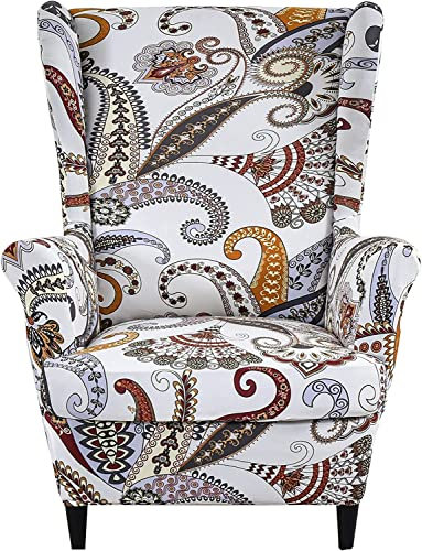 IMYOGI Stretch-Ohrensessel-Schonbezug 2 Stück Wingback-Bezüge mit Sitzkissen-Schonbezug, rutschfeste Sessel-Überwürfe Möbelschutz für Kinder und Haustiere (Color : Roll Leaves)