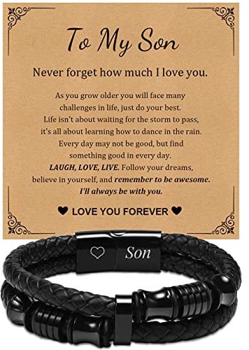 Son Gifts Mens Bracelets - Black Premium Leather Bracelet with Stainless Steel Magnetic Clasp to Men Boys, Back to School Birthday Christmas Father's Day Graduation Gift to My Son from Mum Dad