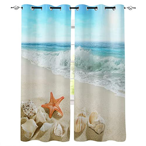 Yanyan Art 2 Paneele Strand Meer Seesterne Muscheln Fenstervorhänge für Wohnzimmer Schlafzimmer Küche Fensterbehandlungen Wohnkultur Vorhänge BxH/2x70x140cm