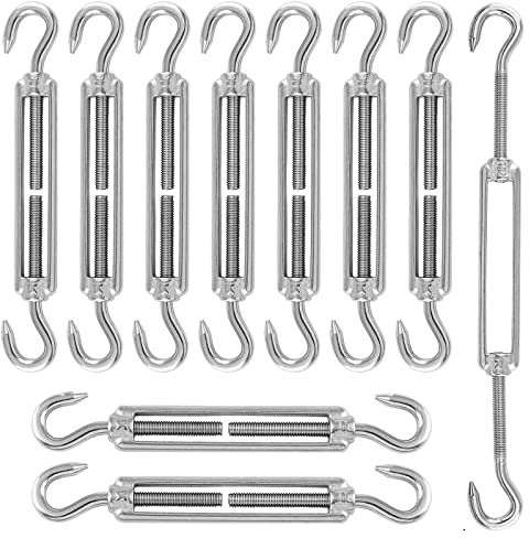 Fissaggio per Vela Parasole, Acciaio Inossidabile per Tenda a Vela 304 CC, 10 Pezzi, Gancio di Tensione per Tende da Sole, Corde o Stendibiancheria (Argento)